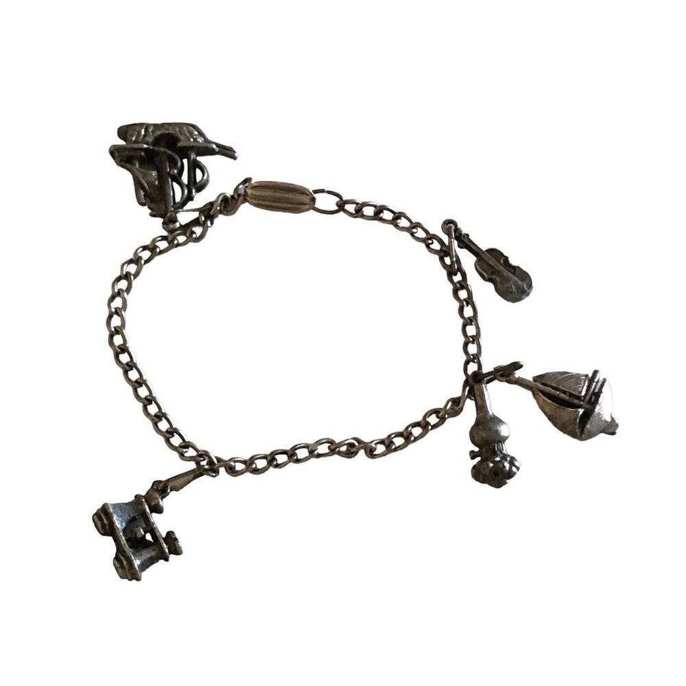 Antique Art Deco Metal Charm 7.￼25” Bracelet 5 Charms Ships Violin Binoculars - Picture 8 of 10
